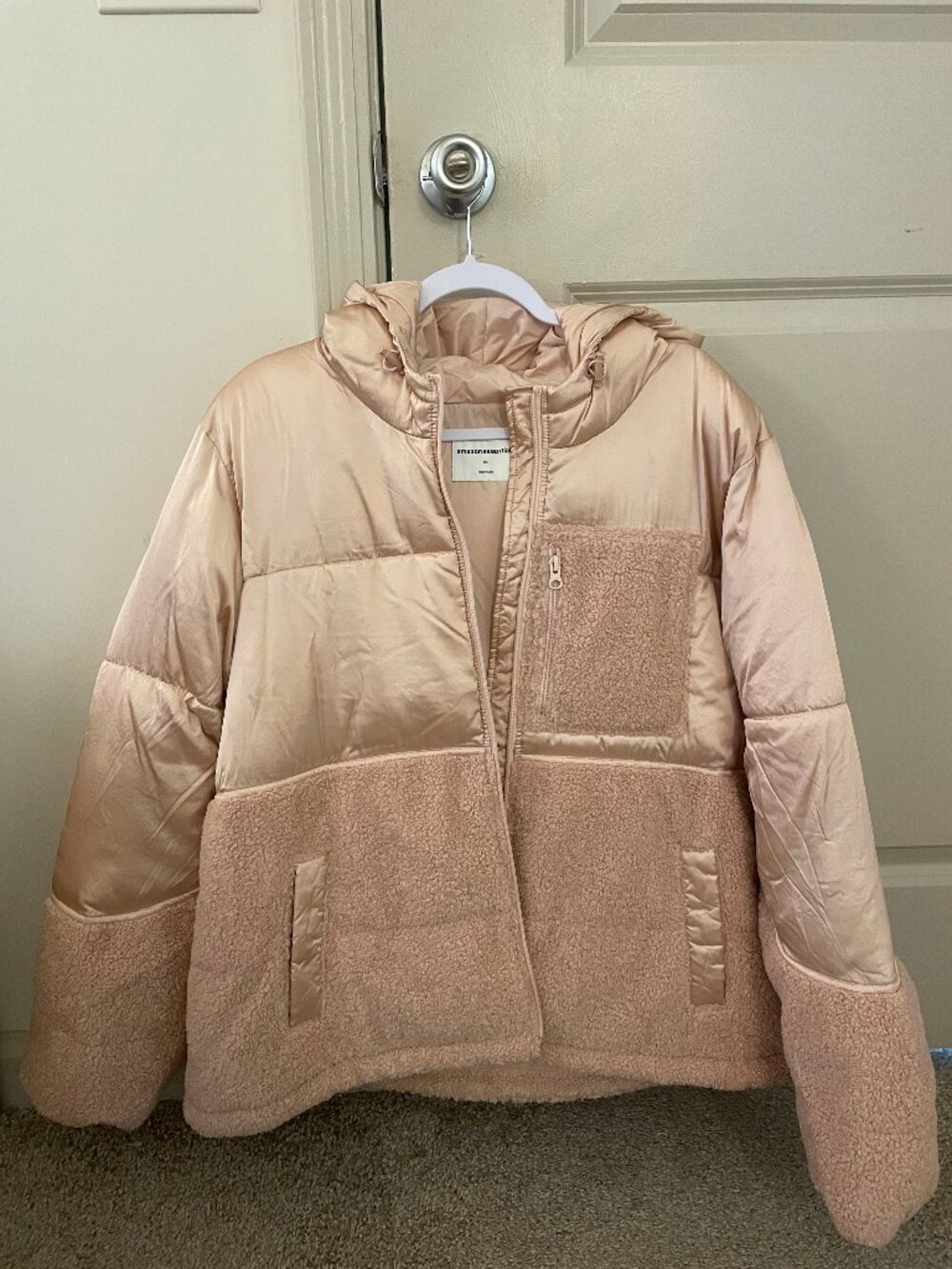 Women's Full-Zip Sherpa Fleece Hooded Puffer Jacket - Blush Pink